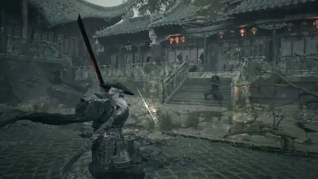 Soul faces a swordsman in a ruined courtyard in an official Phantom Blade Zero screenshot